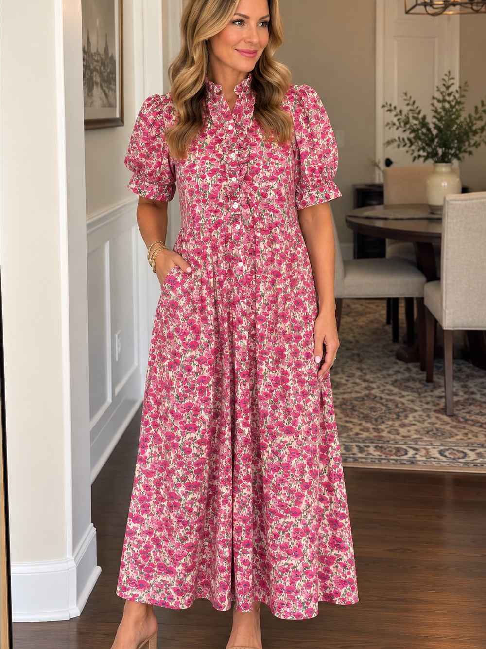 entro Pink Floral Maxi Dress with Ruffle Neck and Puff Sleeves